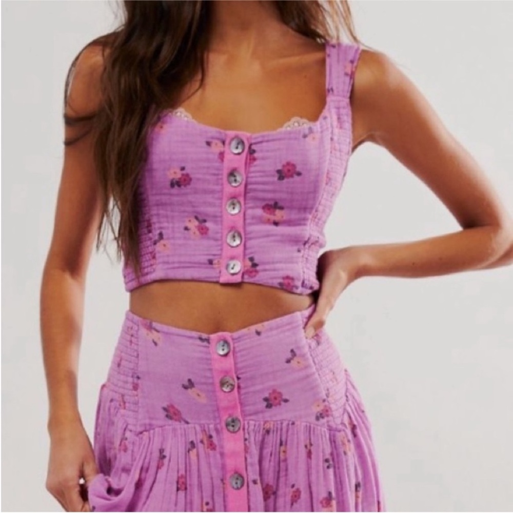 Free People Purple Floral Button-Front Tank Top